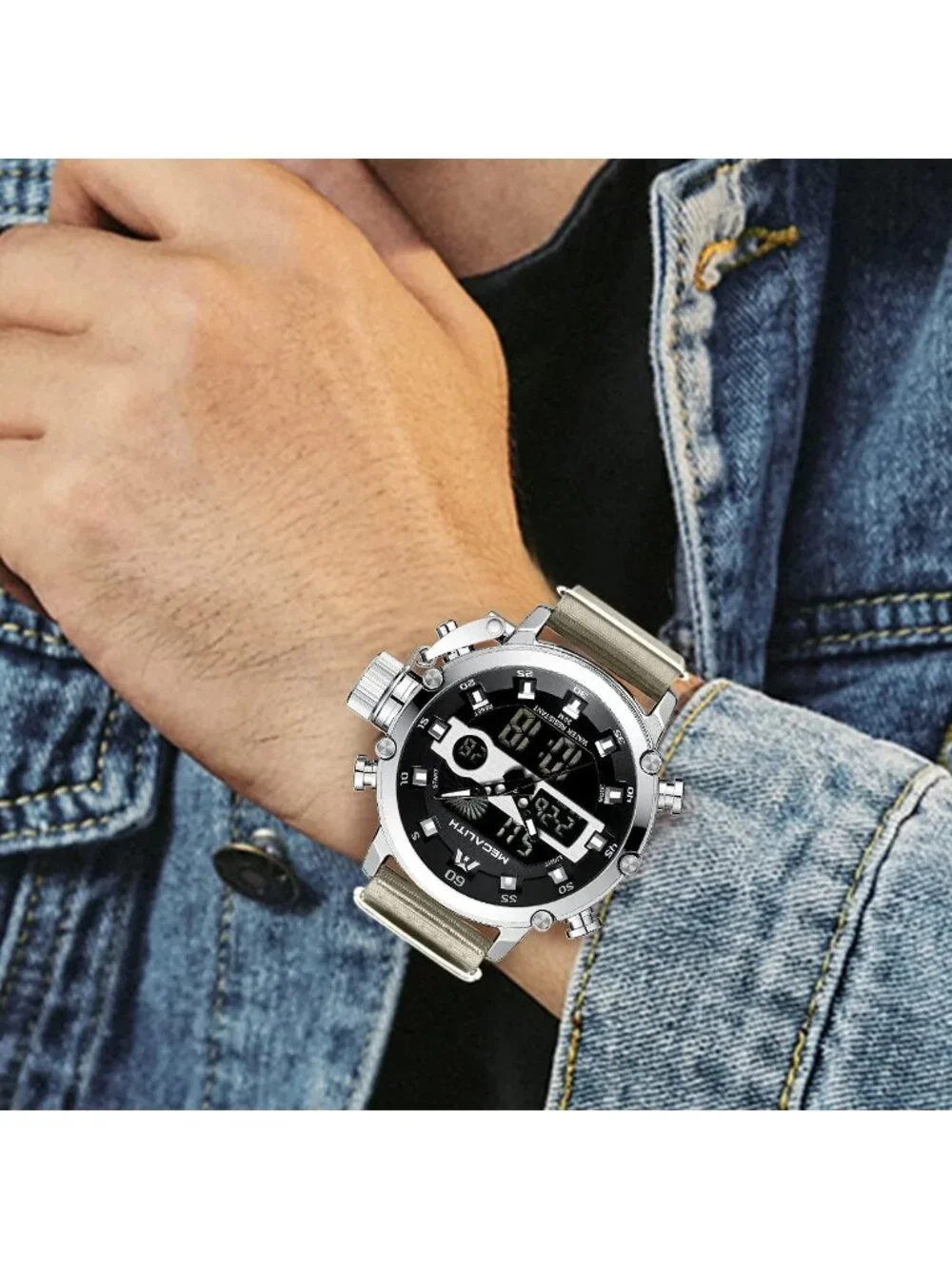 Men's Khaki Analog Quartz Nylon Strap Waterproof Multifunction Digital Watch